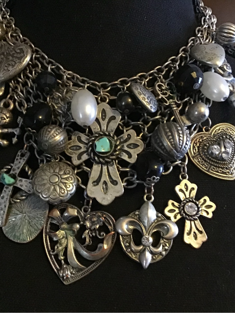 Statement Multi-Charm Silver Necklace with Turquoise, Black and White Accents